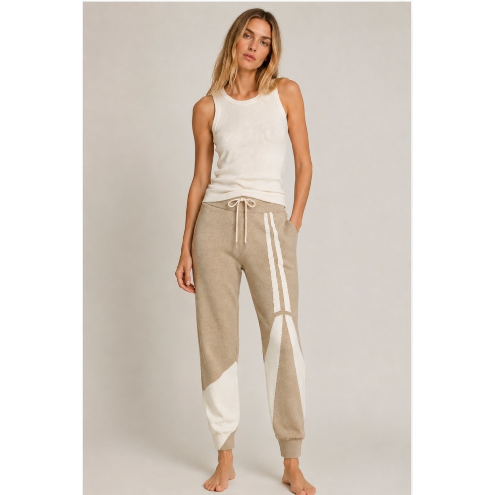 Anthropologie Daily Practice Knit Joggers Sz M Tan Geometric Sweater Pants